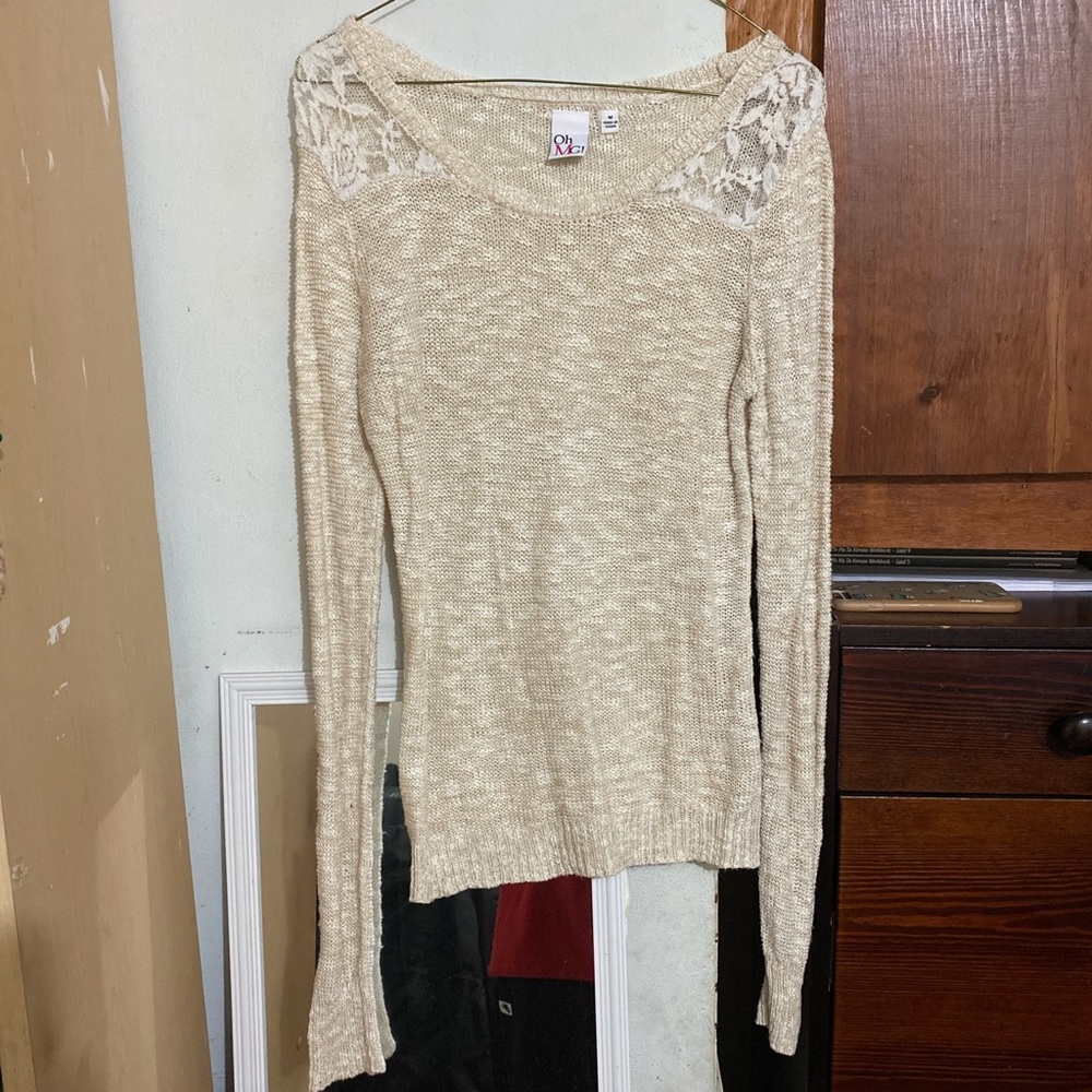 Cream sweater with lace shoulder cut outs